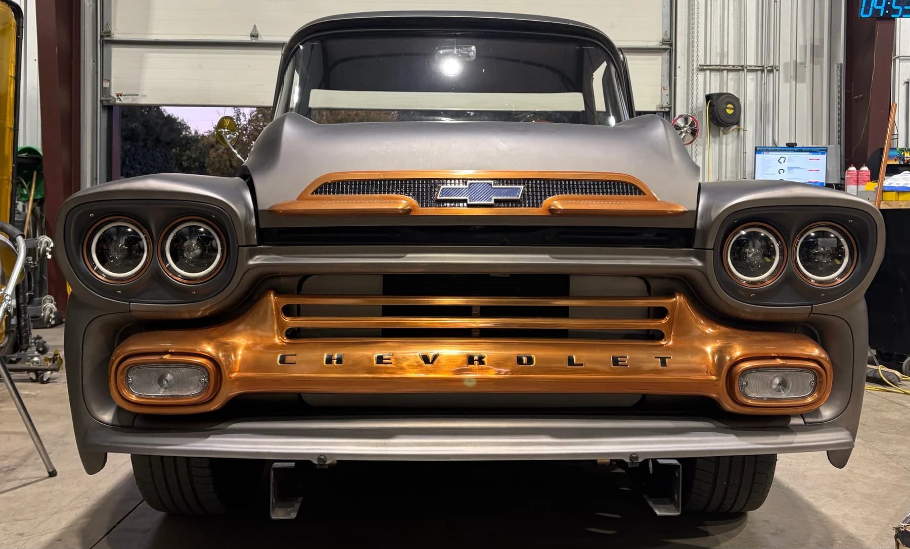 Grille, headlights, and front bodywork.