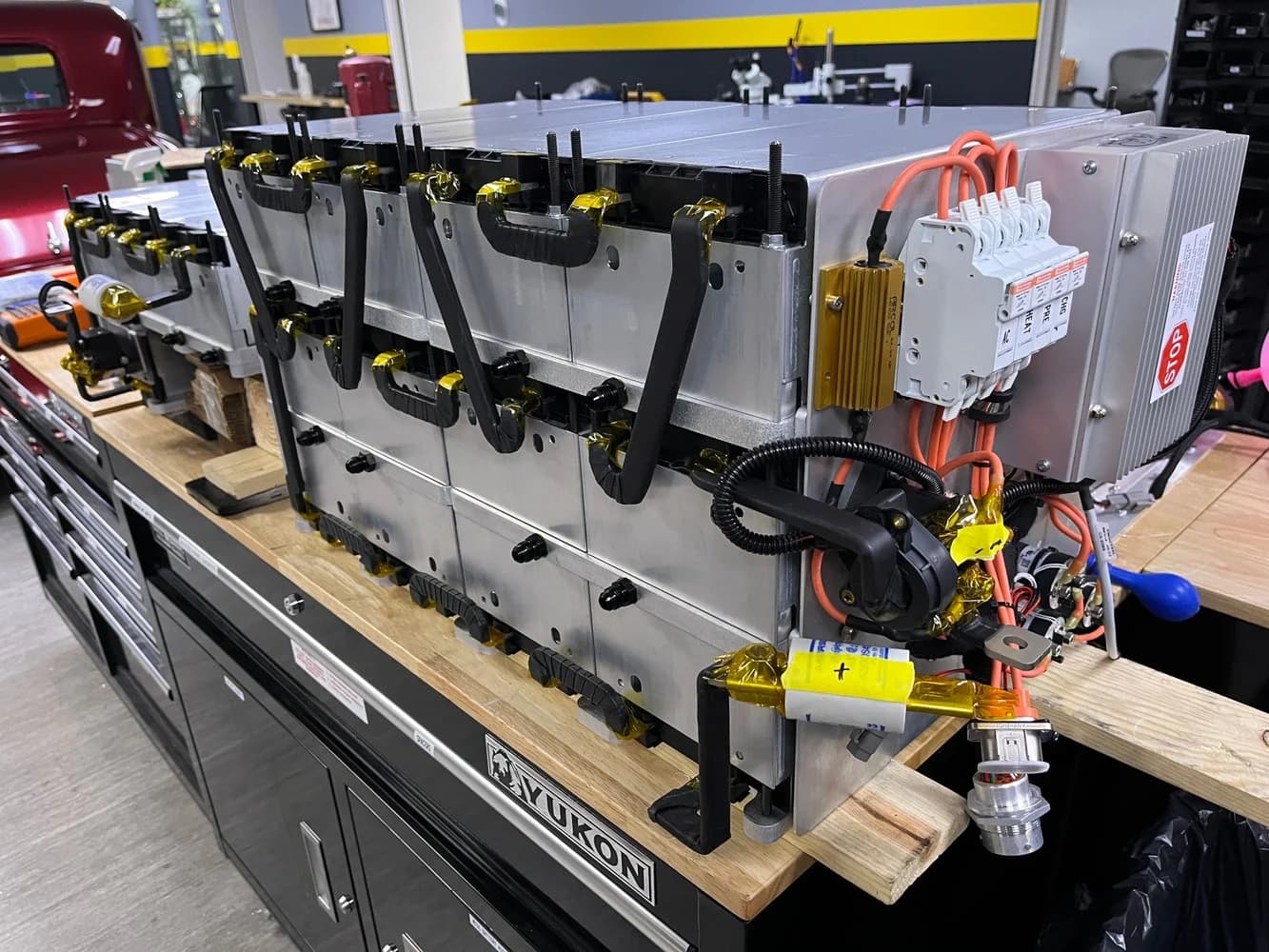 Battery-pack wiring and component assembly.