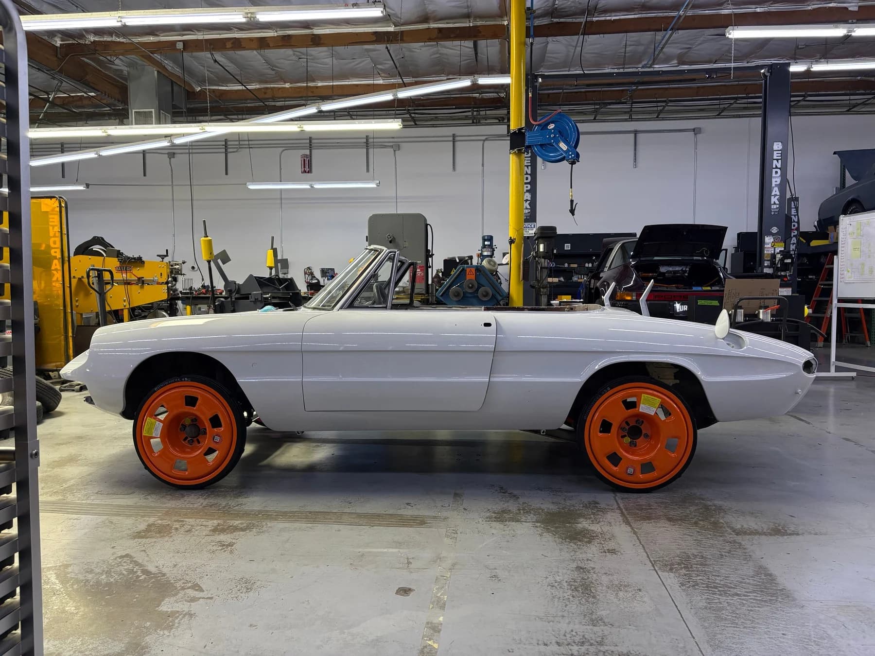 Body and chassis assembly during the build.