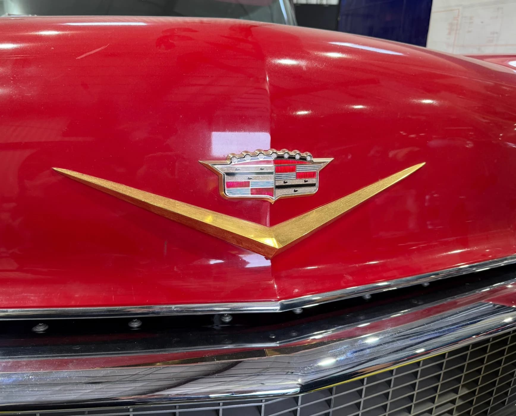 Cadillac hood badge and paint details.