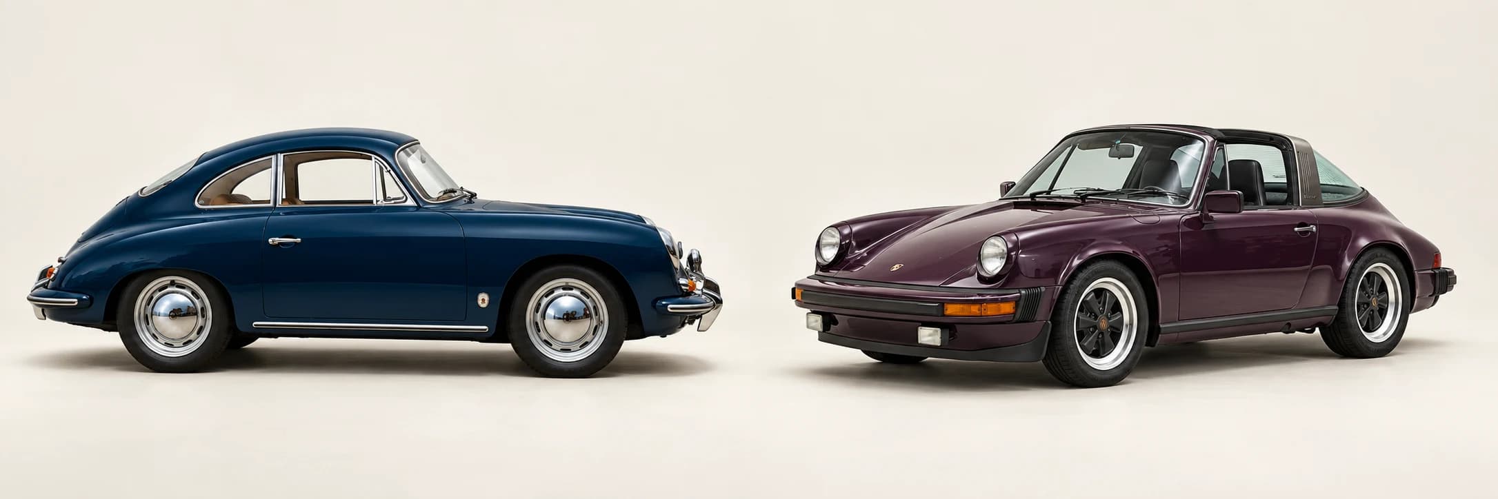 Deep blue classic Porsche 356 coupe in a warm studio setting