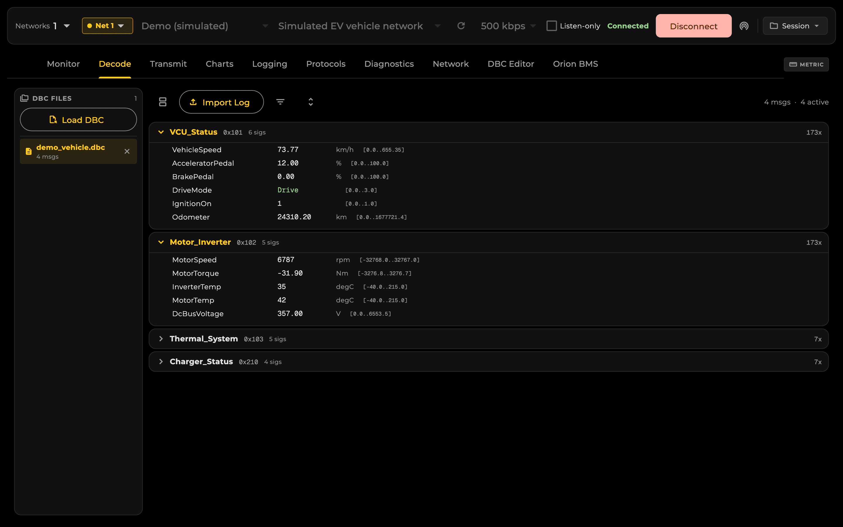 Decode messages with DBC files.