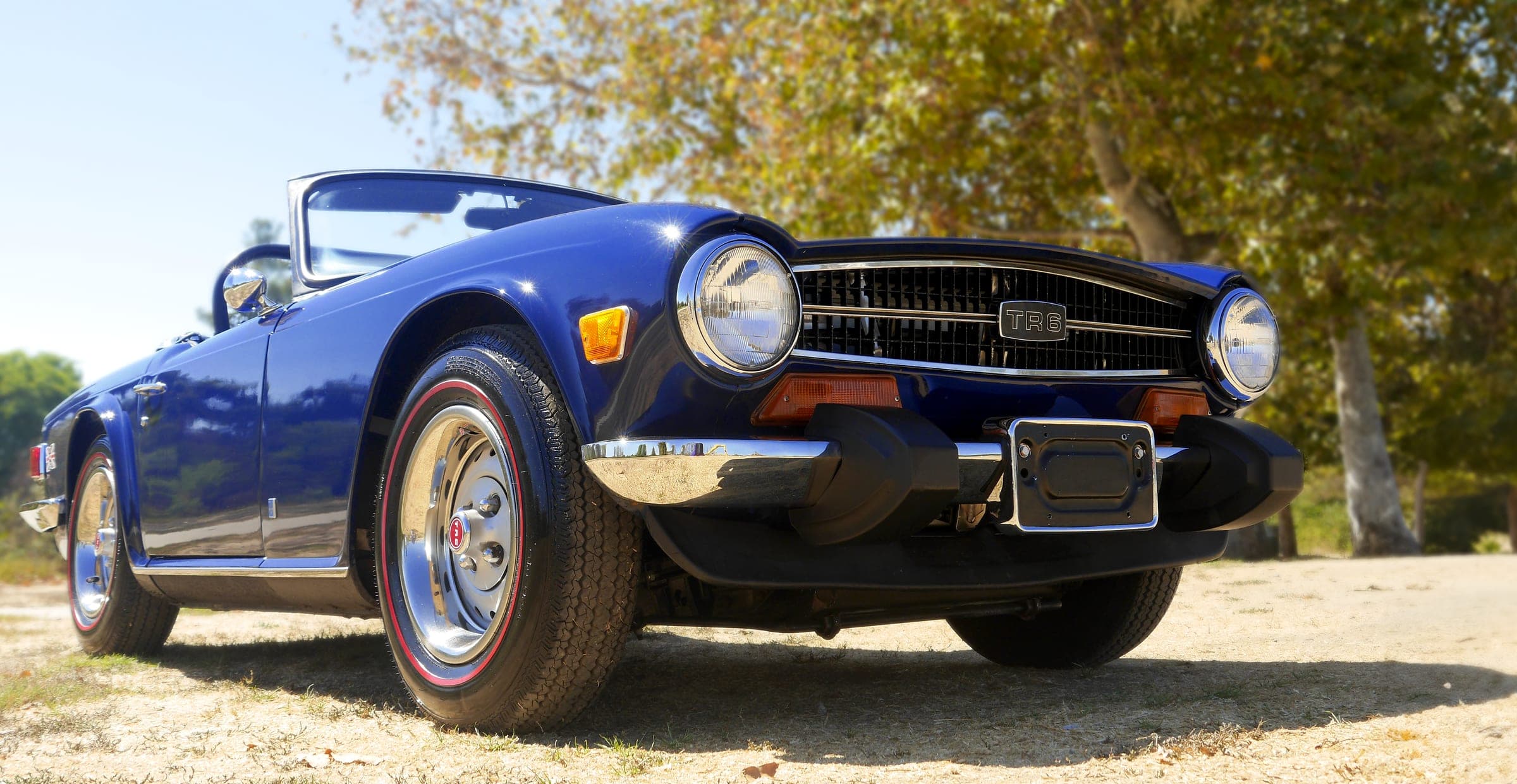 Our 1974 Triumph TR6 parked under the trees in the sun